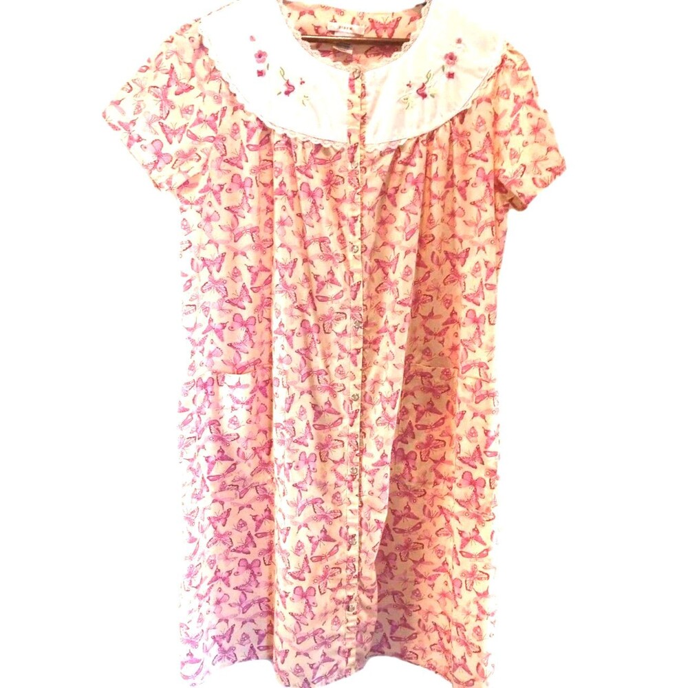 Vintage Pink K Butterfly Snap Front  Duster Robe L Embroidered Collar Pockets